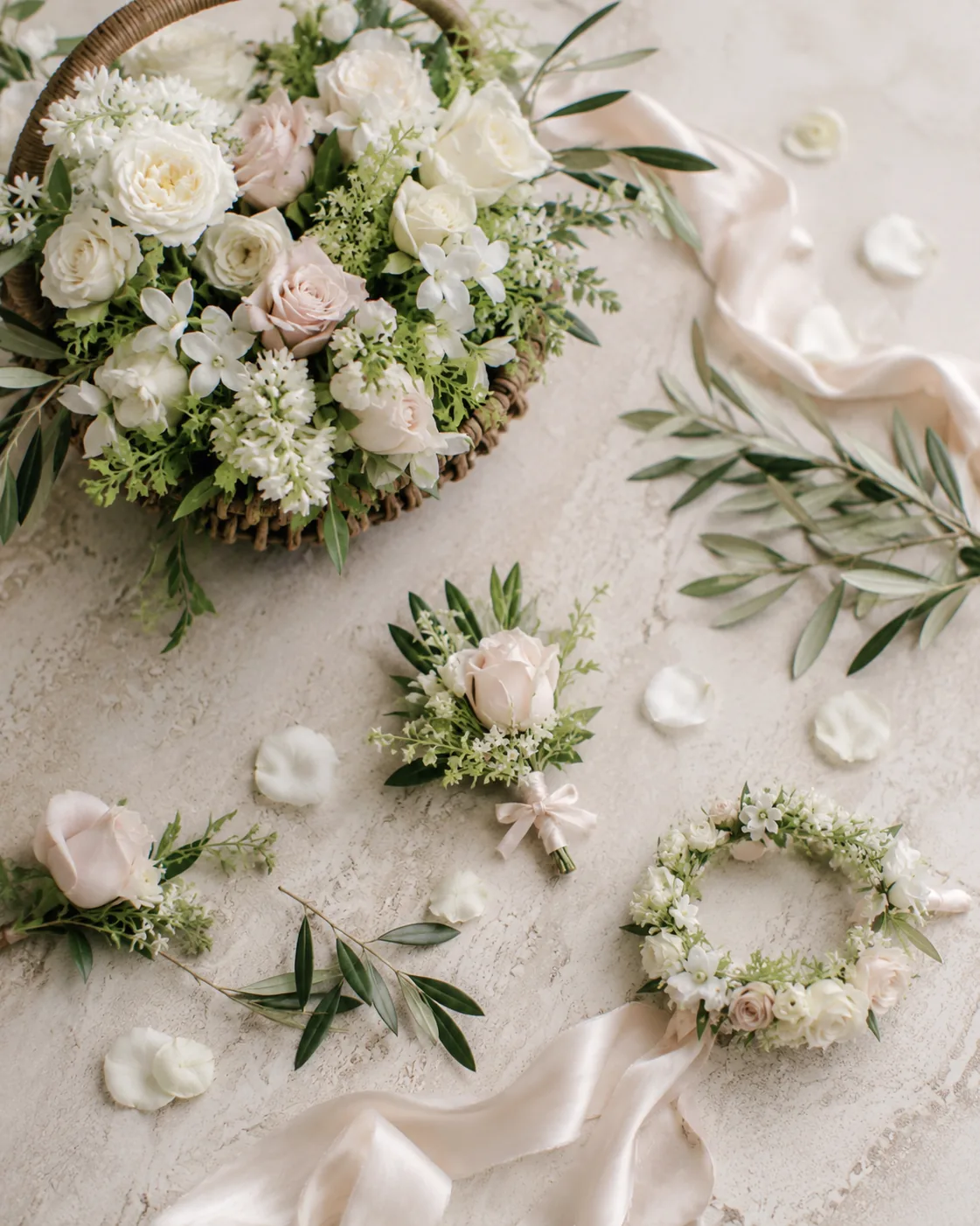 Accessori floreali da sposa con corona, boutonnière, cuscino e nastri di seta — 2