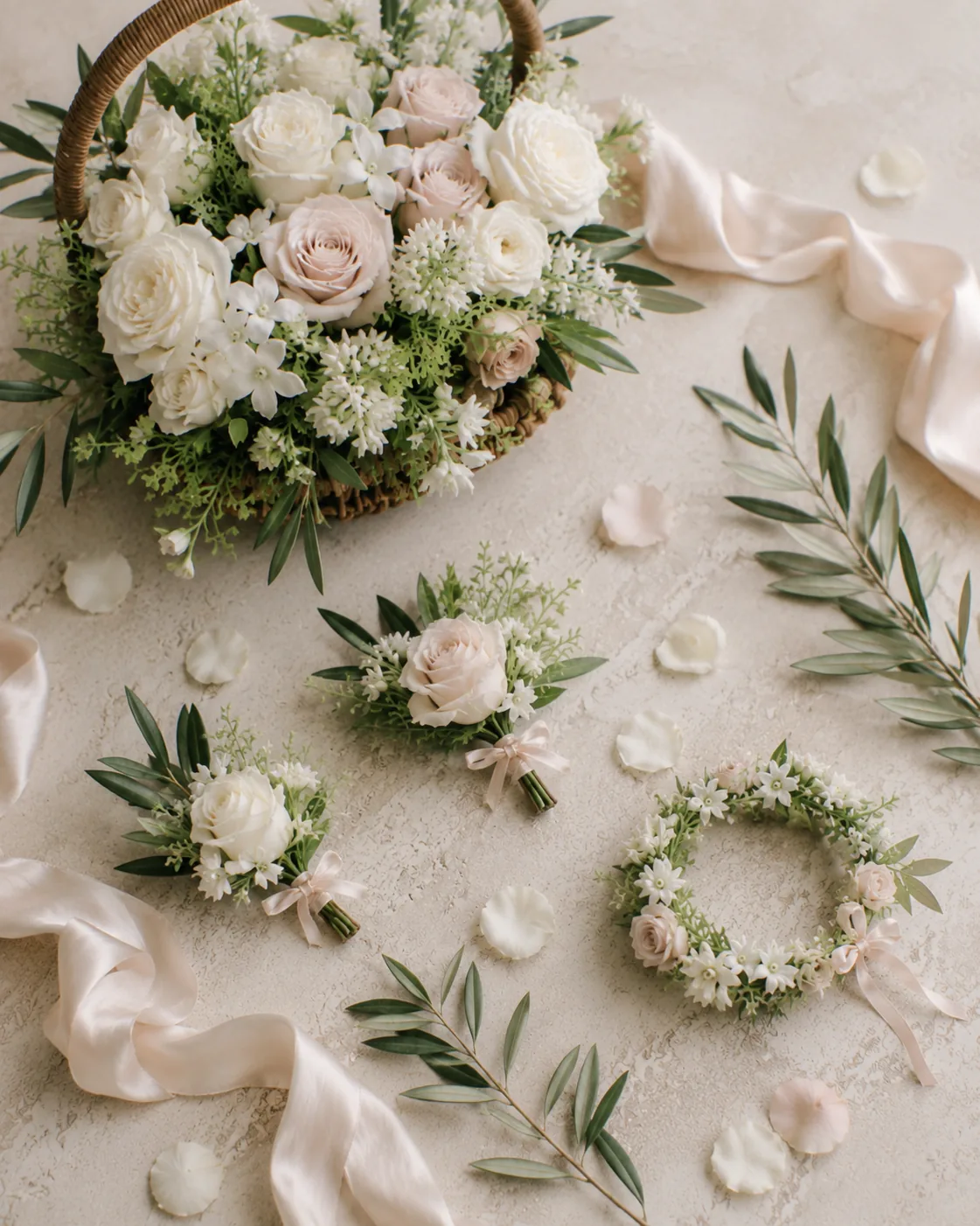 Accessori floreali da sposa con corona, boutonnière, cuscino e nastri di seta — 6
