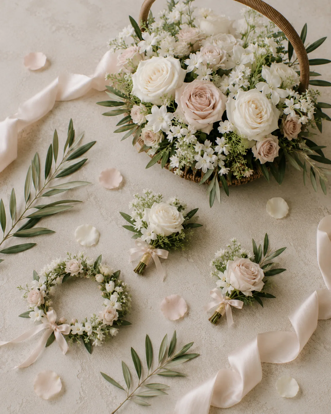 Accessori floreali da sposa con corona, boutonnière, cuscino e nastri di seta — 7