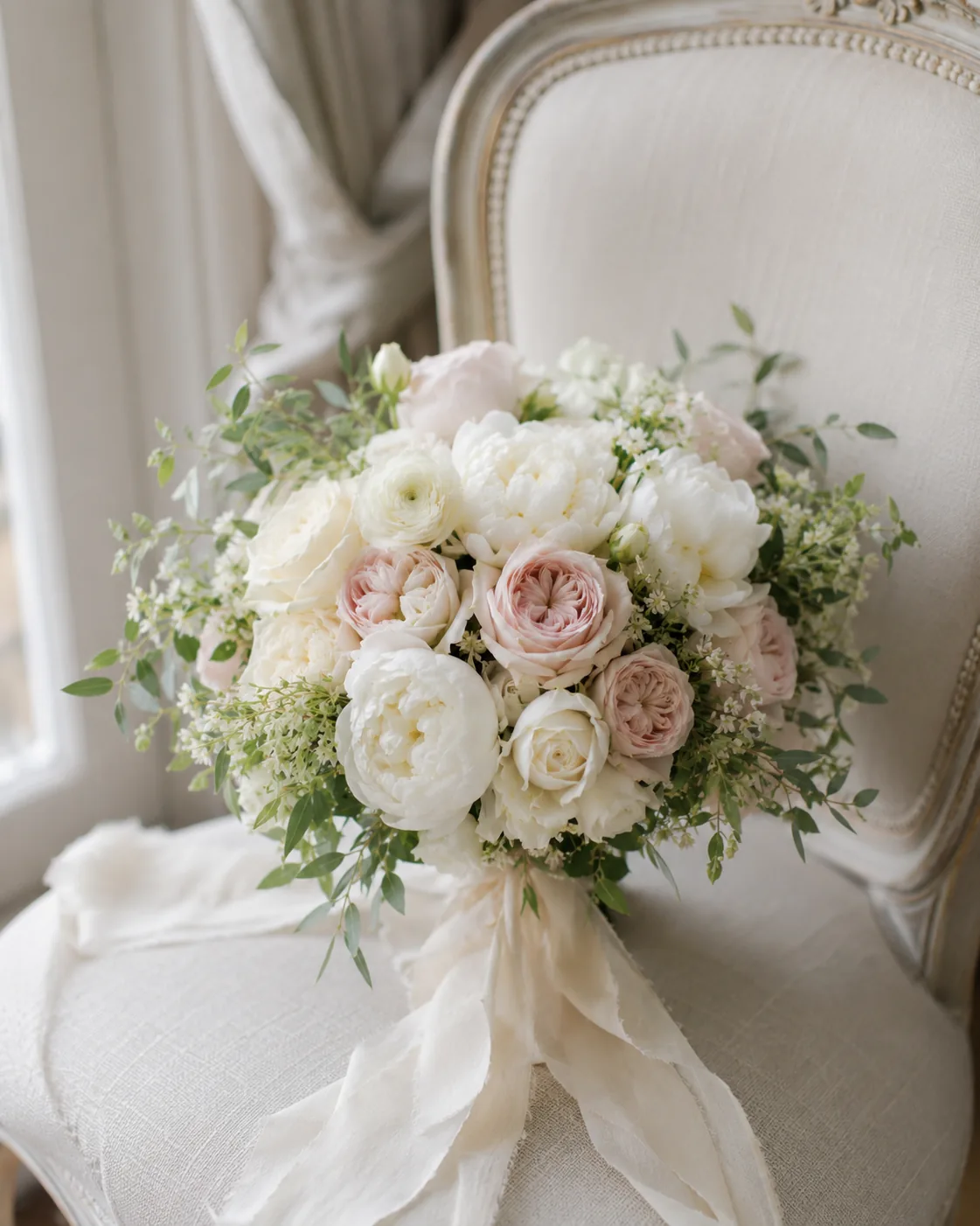 Bouquet romantico con peonie bianche, rose avorio e dettagli cipria — 1
