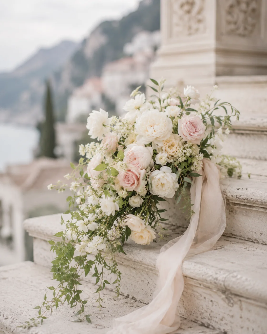 Bouquet romantico con peonie bianche, rose avorio e dettagli cipria — 2