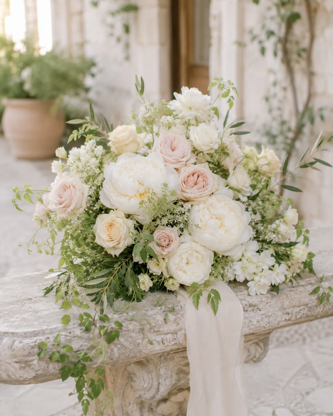 Bouquet romantico con peonie bianche, rose avorio e dettagli cipria — 5