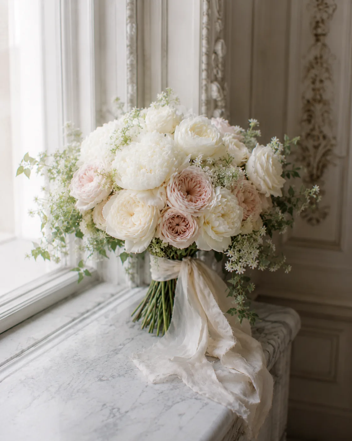 Bouquet romantico con peonie bianche, rose avorio e dettagli cipria — 8