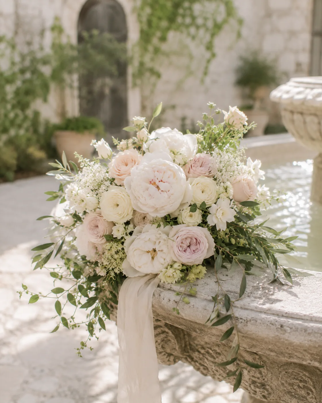 Bouquet romantico con peonie bianche, rose avorio e dettagli cipria — 9