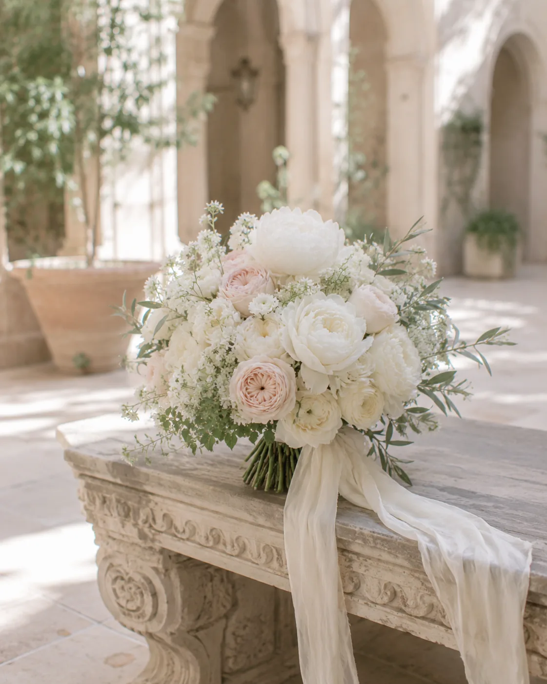 Bouquet romantico con peonie bianche, rose avorio e dettagli cipria — 10
