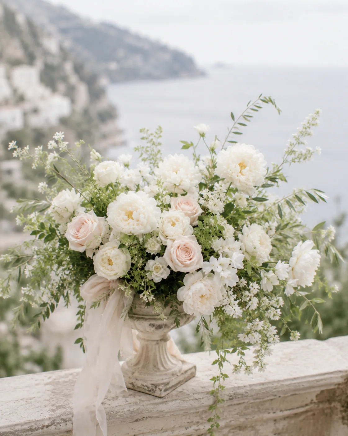 Bouquet romantico con peonie bianche, rose avorio e dettagli cipria — 11