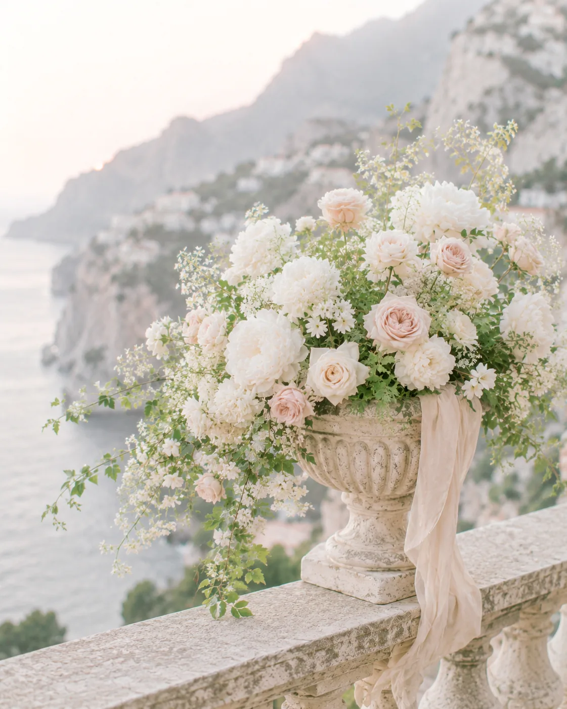 Bouquet romantico con peonie bianche, rose avorio e dettagli cipria — 12