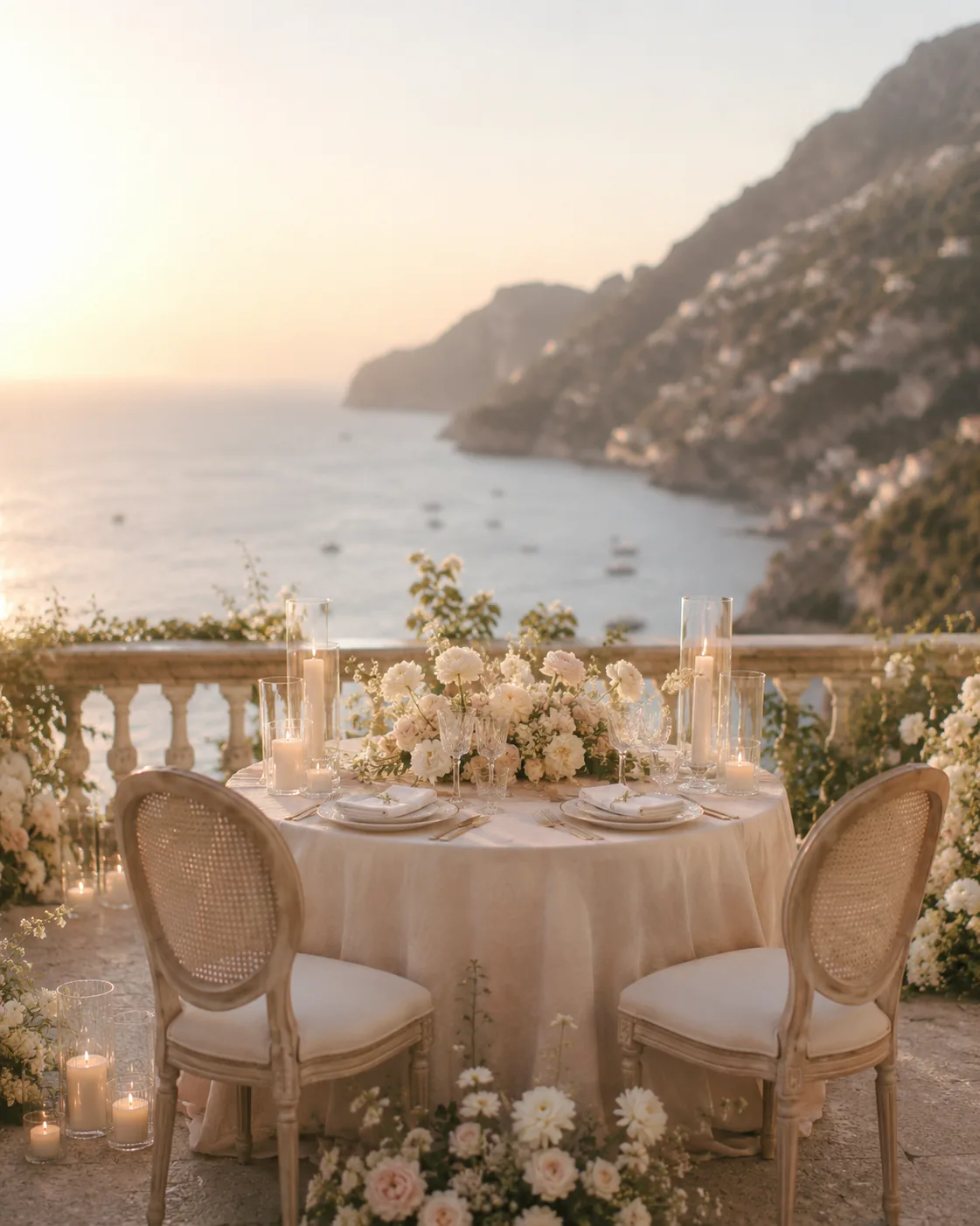 Cena romantica su terrazza affacciata sul mare con fiori e candele — 6