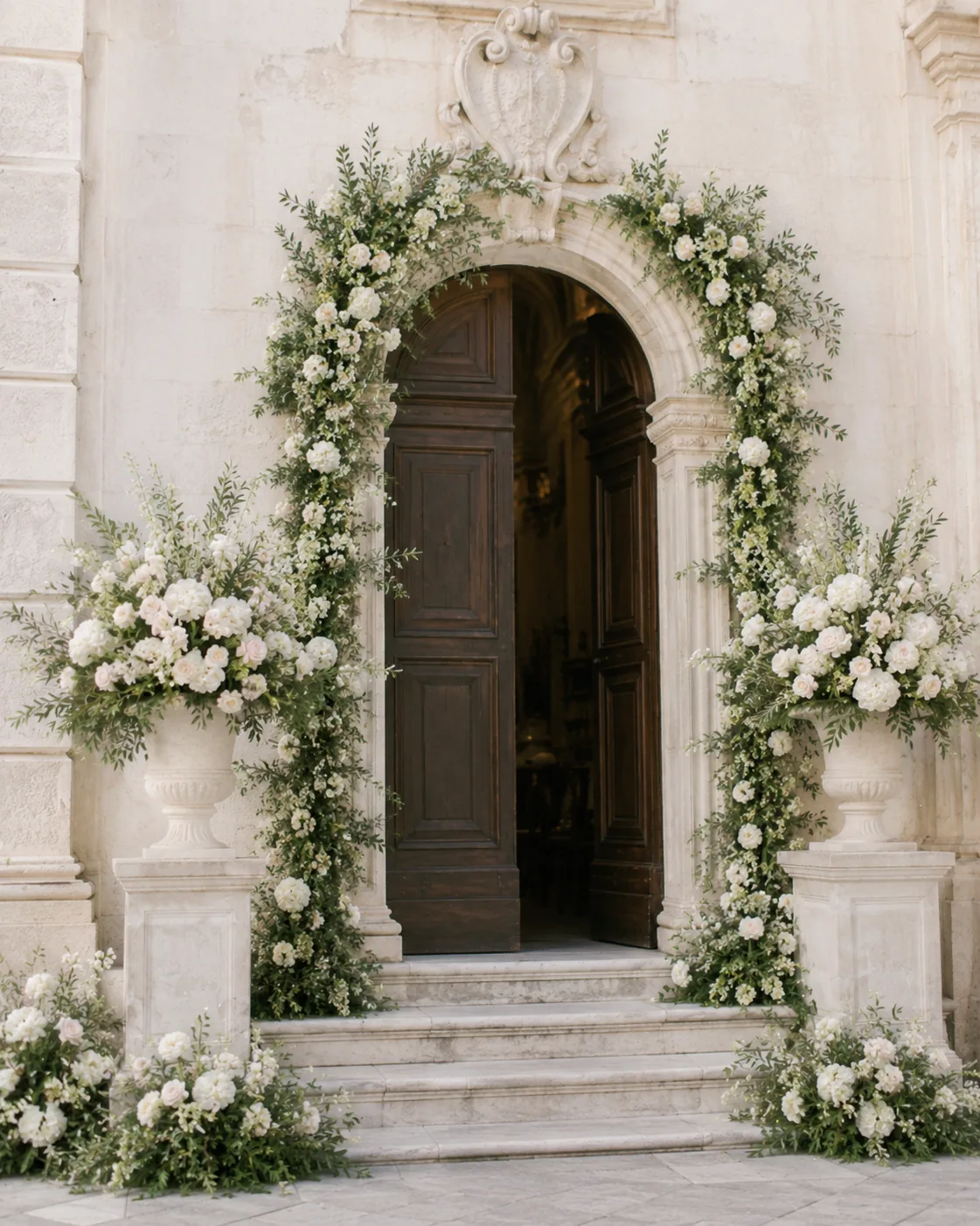 Ingresso storico decorato con ghirlande floreali, urne e rose chiare — 2