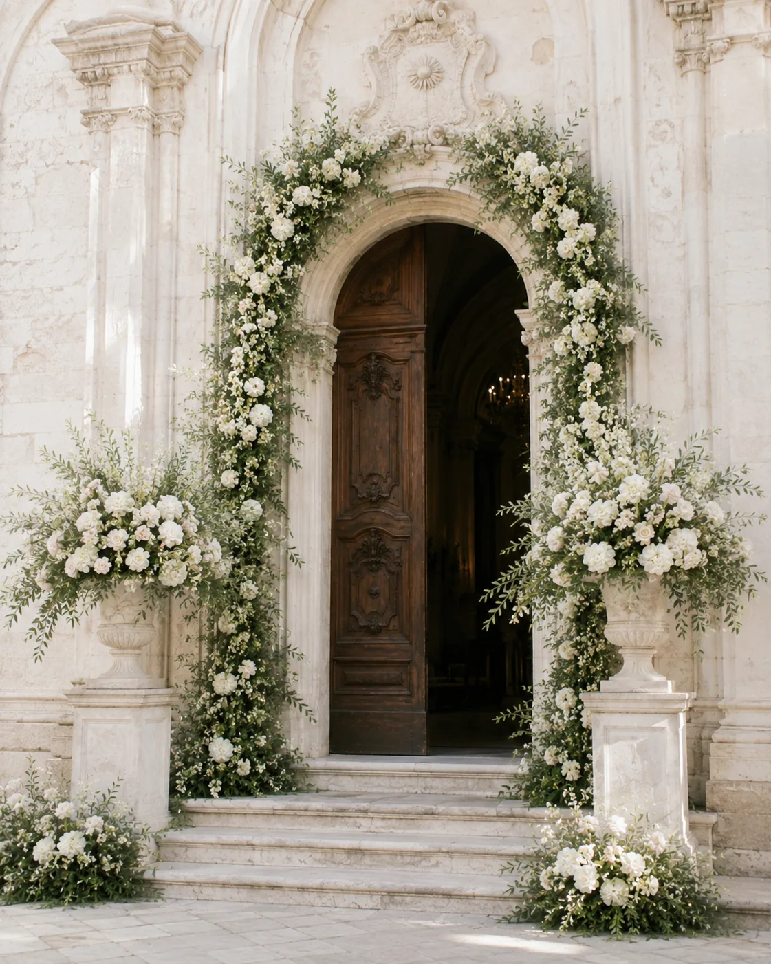 Ingresso storico decorato con ghirlande floreali, urne e rose chiare — 3