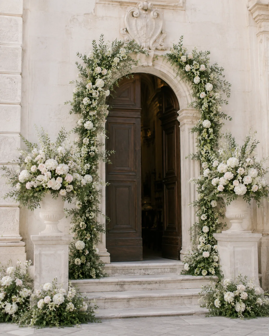 Ingresso storico decorato con ghirlande floreali, urne e rose chiare — 5