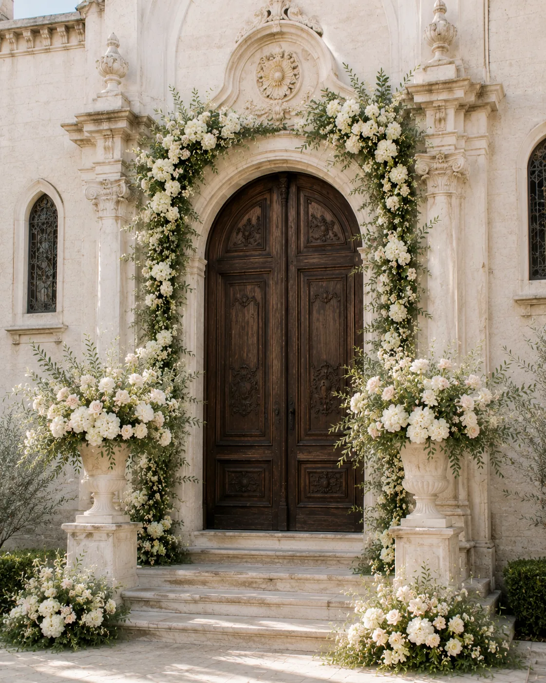 Ingresso storico decorato con ghirlande floreali, urne e rose chiare — 8