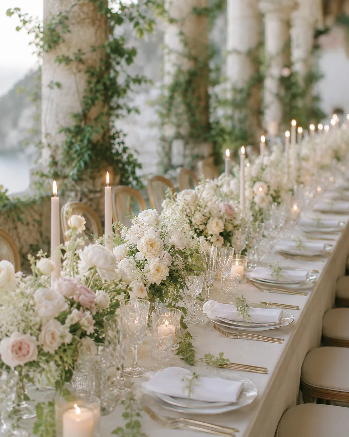 Tavola elegante per ricevimento con fiori chiari, cristalli e candele — 1