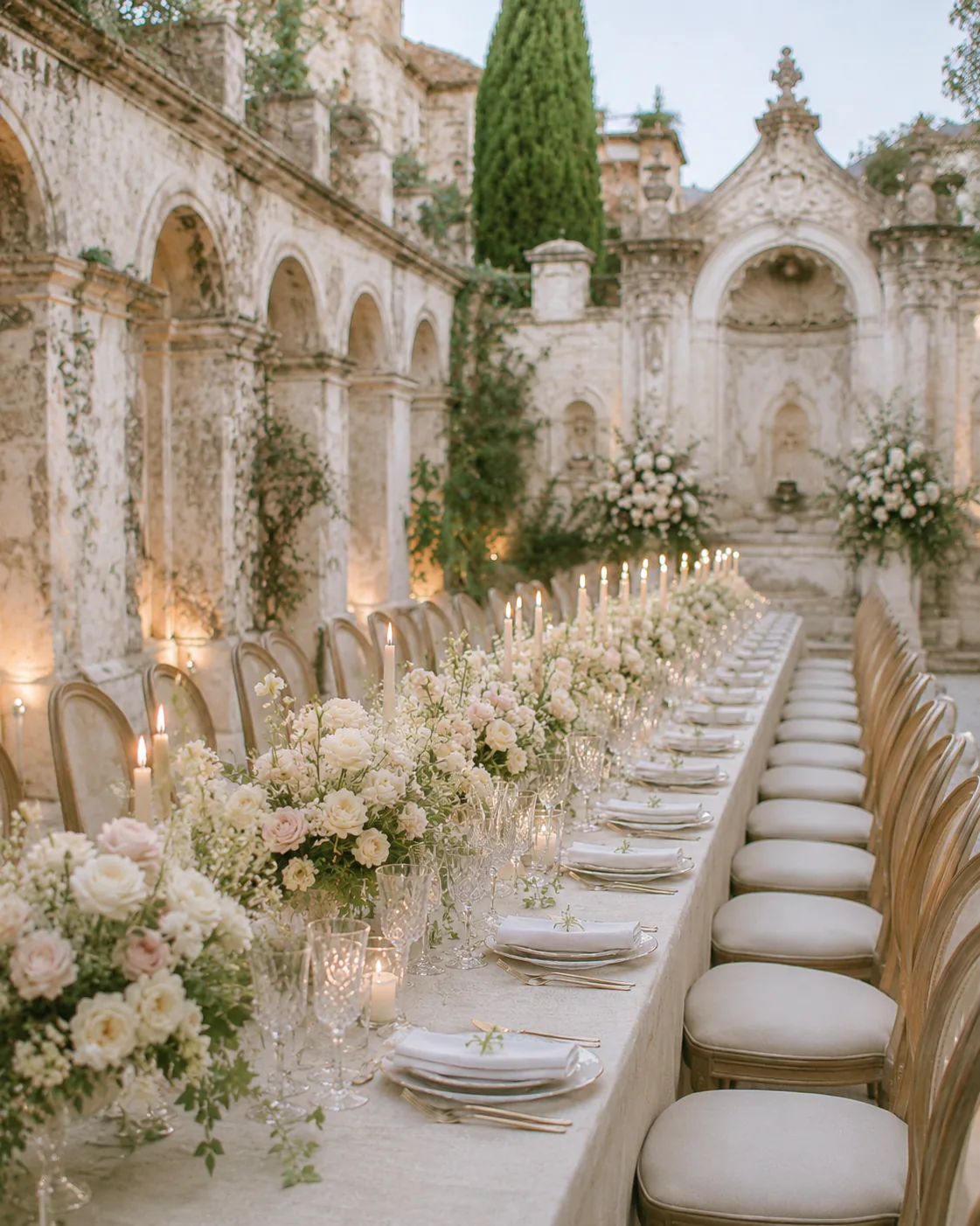 Tavola elegante per ricevimento con fiori chiari, cristalli e candele — 2