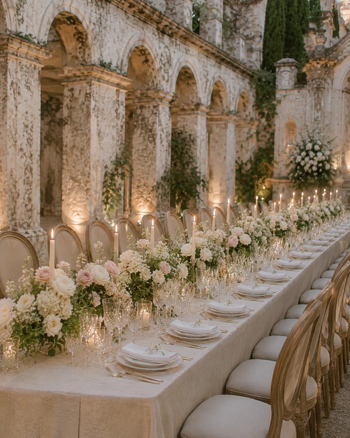 Tavola elegante per ricevimento con fiori chiari, cristalli e candele — 3