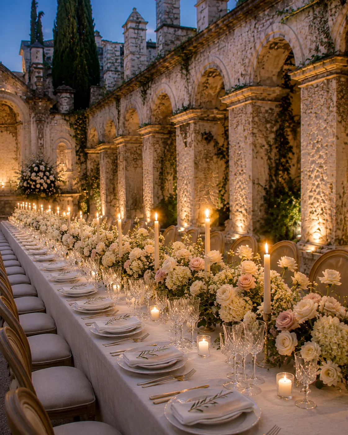 Tavola elegante per ricevimento con fiori chiari, cristalli e candele — 4