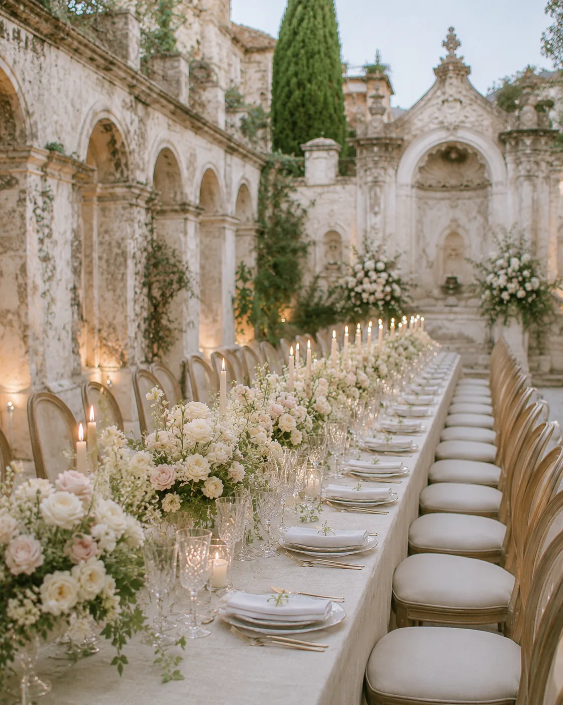 Tavola elegante per ricevimento con fiori chiari, cristalli e candele — 5