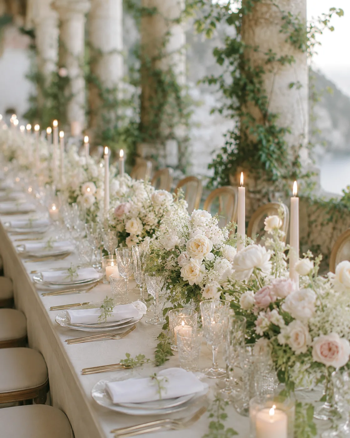 Tavola elegante per ricevimento con fiori chiari, cristalli e candele — 7