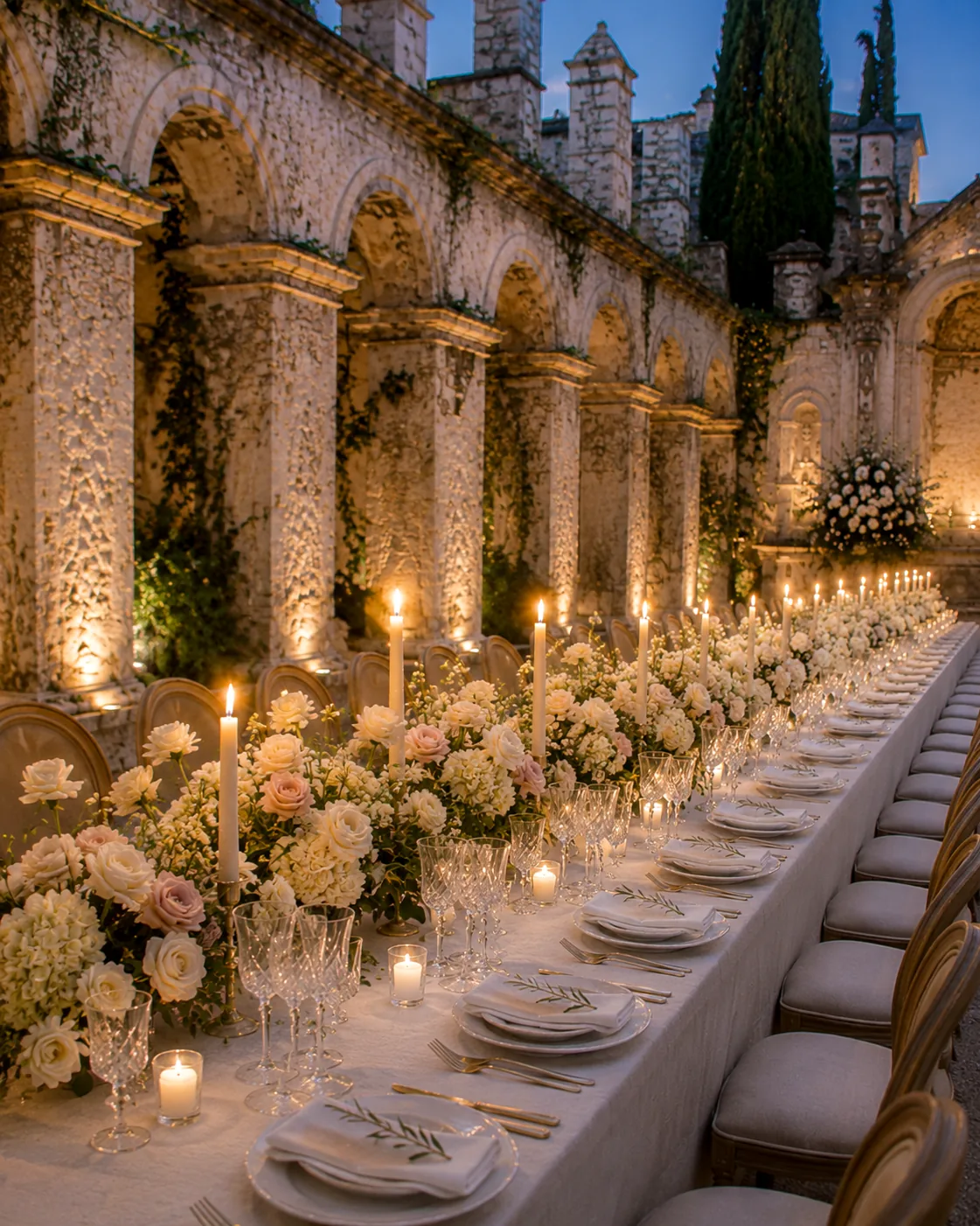 Tavola elegante per ricevimento con fiori chiari, cristalli e candele — 8