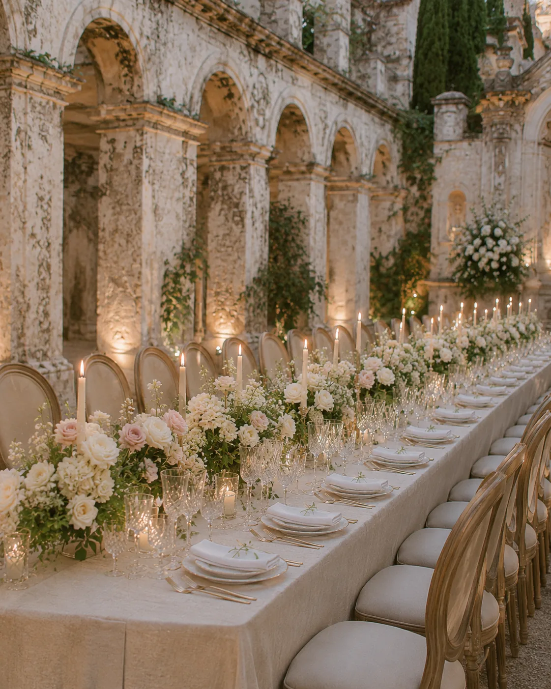 Tavola elegante per ricevimento con fiori chiari, cristalli e candele — 9
