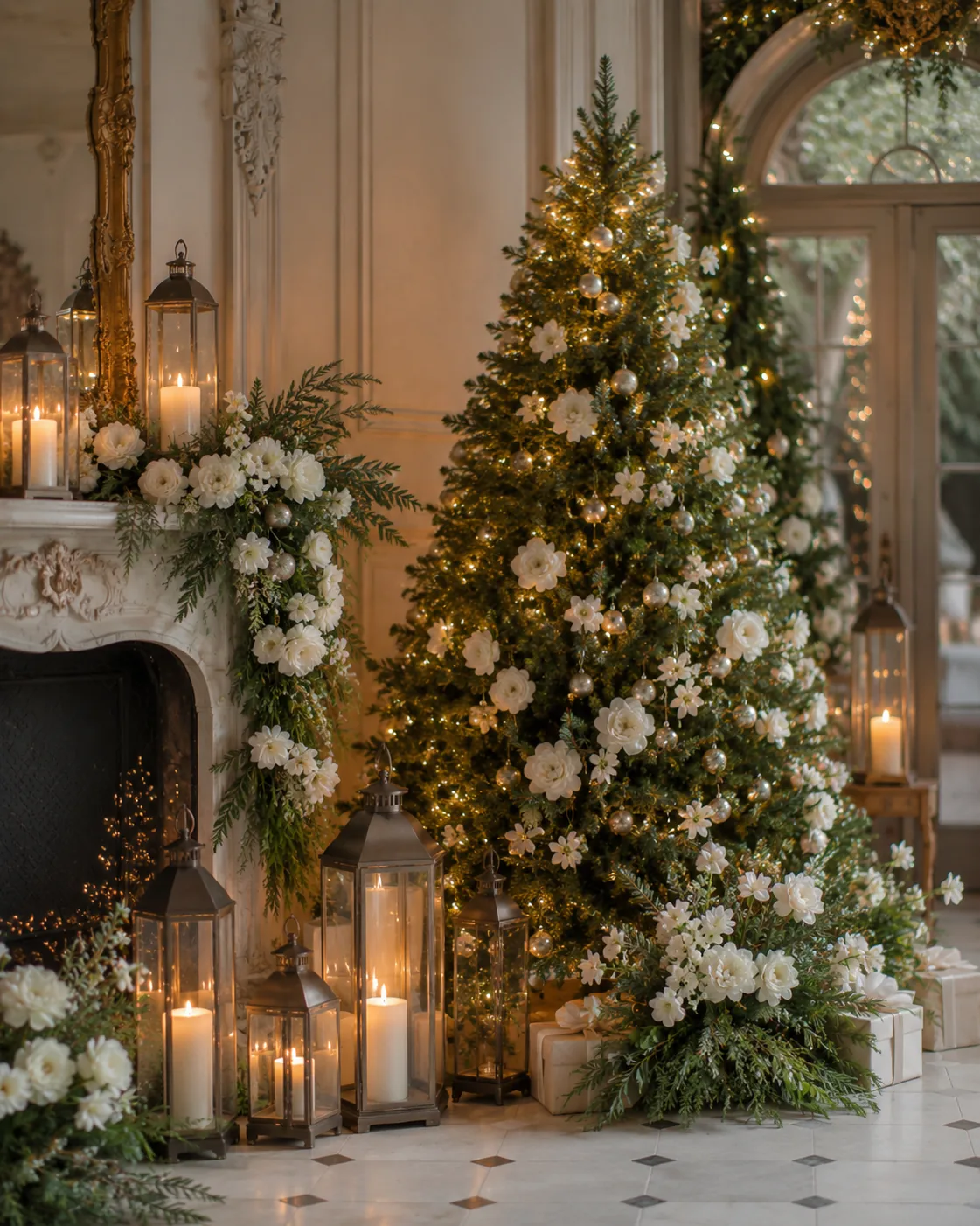 Decorazione natalizia elegante con albero, fiori bianchi, verde e lanterne — 2