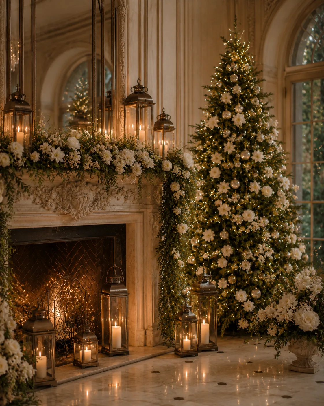 Decorazione natalizia elegante con albero, fiori bianchi, verde e lanterne — 4