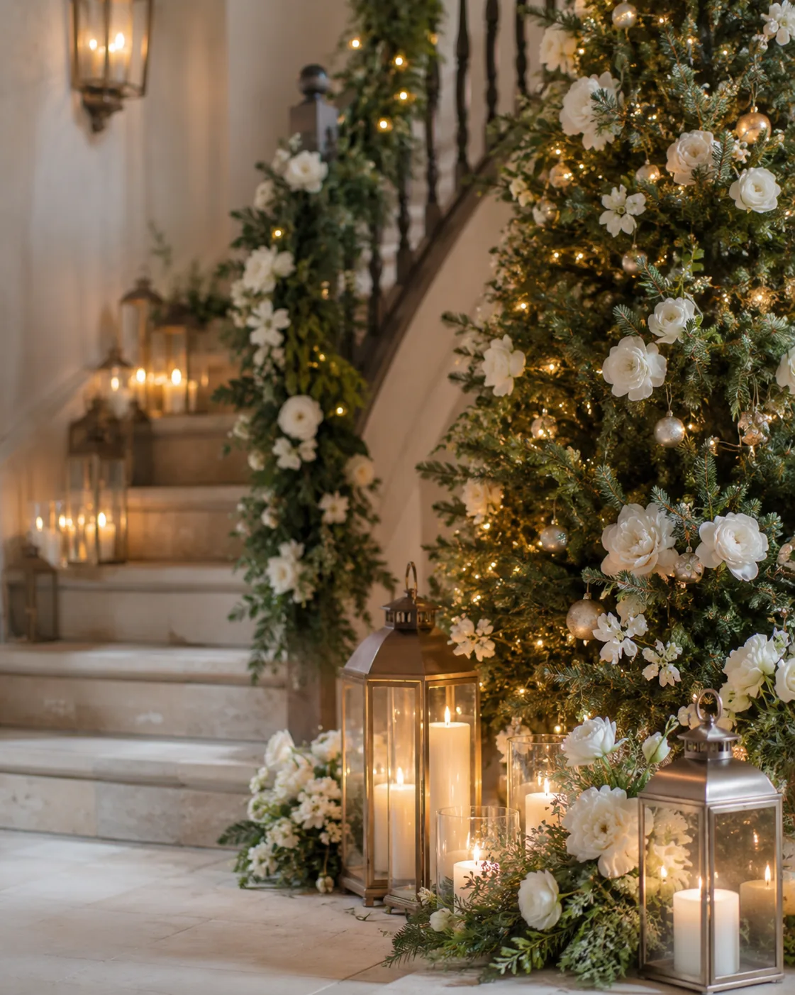 Decorazione natalizia elegante con albero, fiori bianchi, verde e lanterne — 5