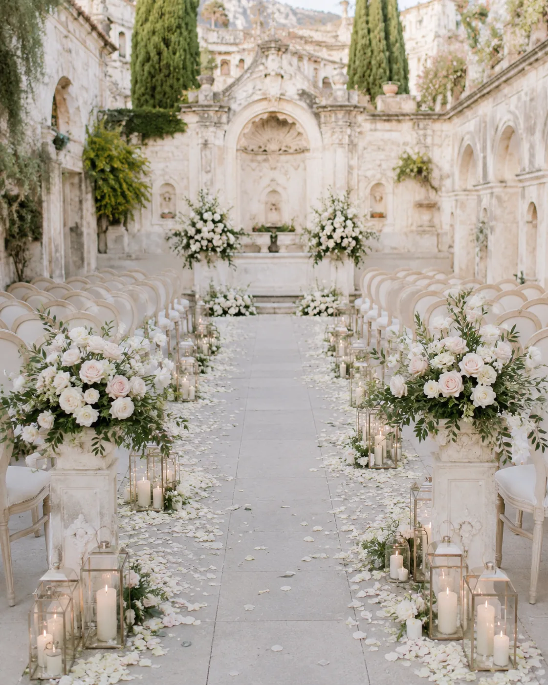 Allestimento floreale per matrimonio in cortile storico con candele e arco fiorito — 2