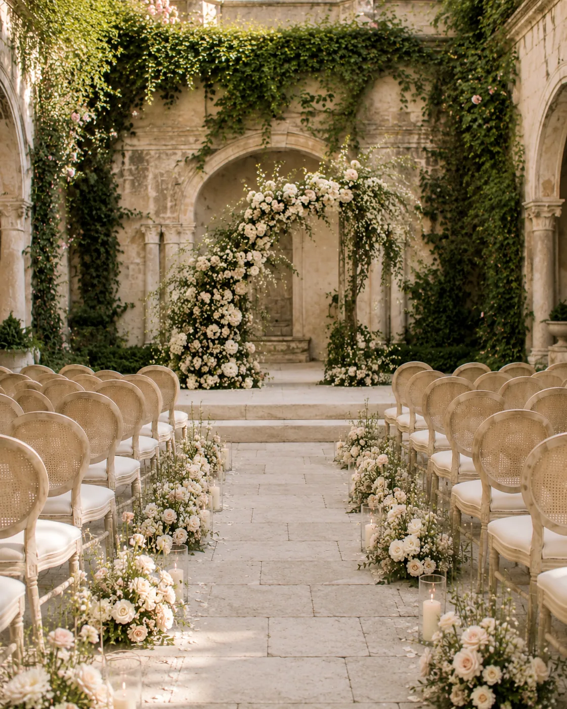 Allestimento floreale per matrimonio in cortile storico con candele e arco fiorito — 3