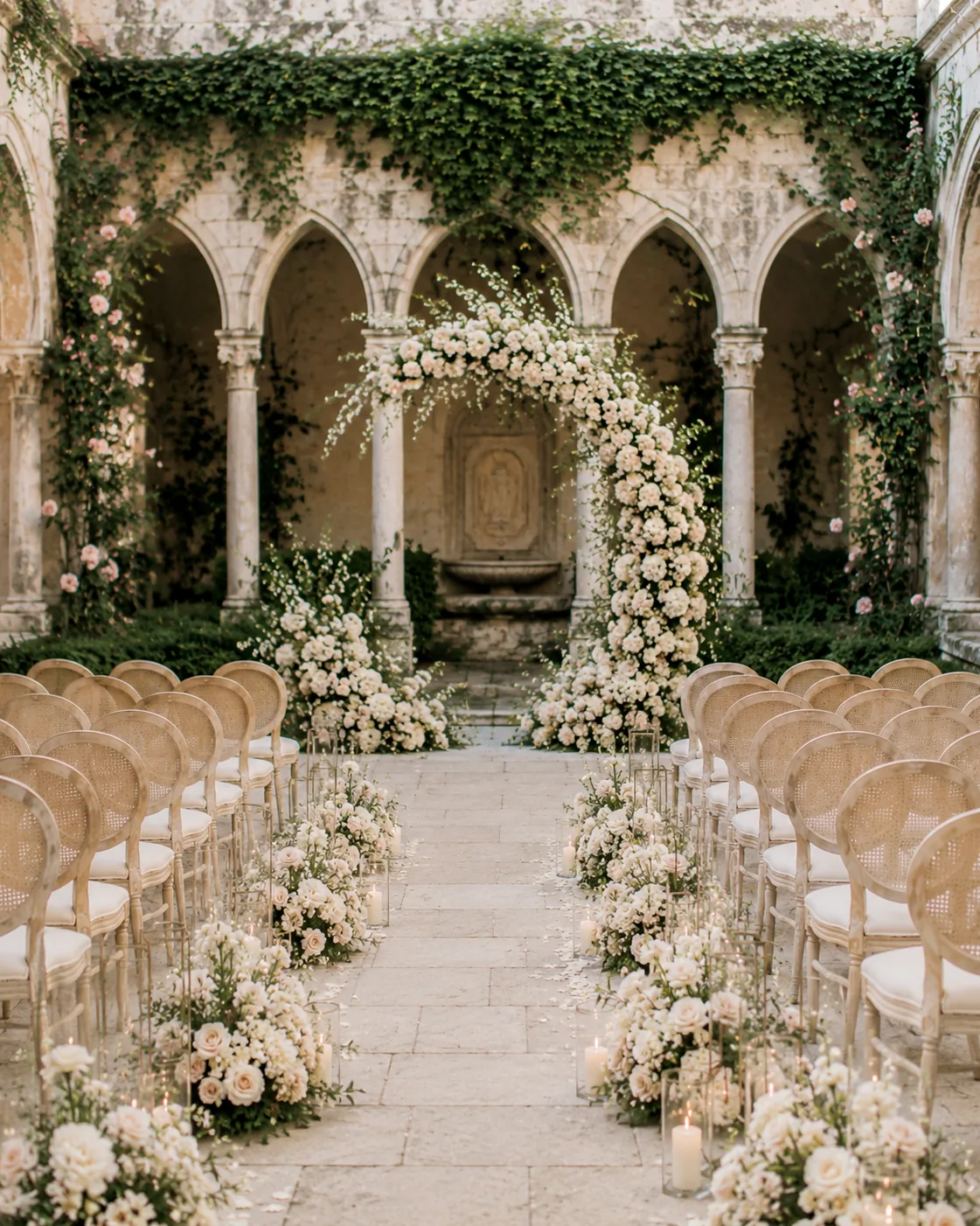 Allestimento floreale per matrimonio in cortile storico con candele e arco fiorito — 4